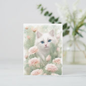 Witte kat en roze bloemen briefkaart (Staand voorkant)