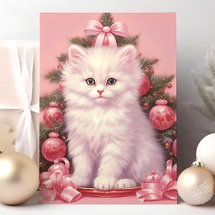 Witte kat en roze kerstboom kerstkaart feestdagen kaart