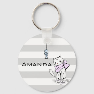 Witte kat en vis sleutelhanger