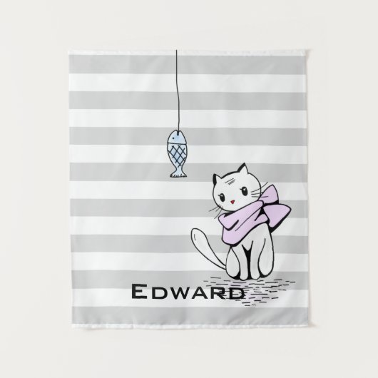 Witte kat en vis wandkleed (Voorkant)
