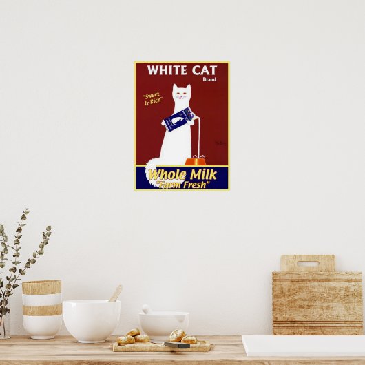 Witte kat en volle melk poster (Keuken)