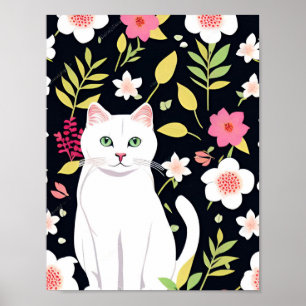 Witte kat glimlacht in de vorm van bloemen naadloo poster