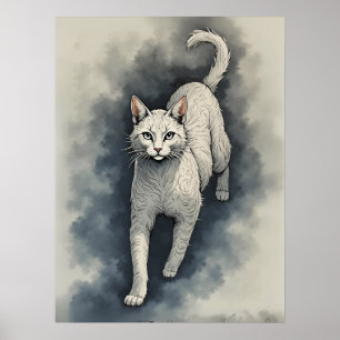 Witte kat in een Chinese inkttekenstijl Poster