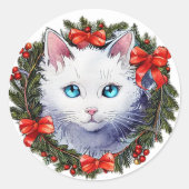 Witte Kat in Kerstmiskrans Waterverf het Schildere Ronde Sticker (Voorkant)
