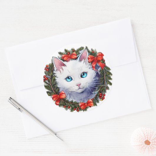 Witte Kat in Kerstmiskrans Waterverf het Schildere Ronde Sticker (Envelop)