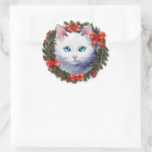 Witte Kat in Kerstmiskrans Waterverf het Schildere Ronde Sticker (Tas)