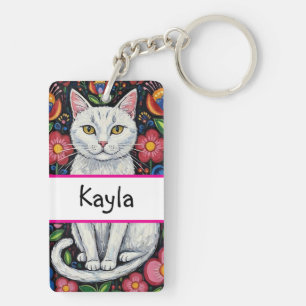 Witte kat in kleurrijke volks kunst bloemen person sleutelhanger