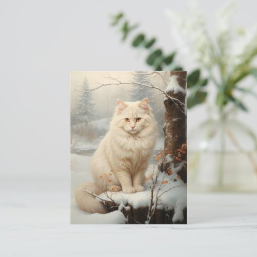 witte kat in sneeuw - Perzisch olieverfschilderij Briefkaart (Staand voorkant)
