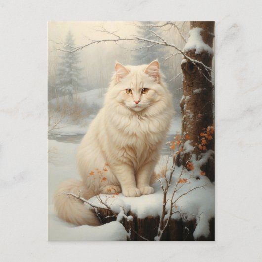 witte kat in sneeuw - Perzisch olieverfschilderij Briefkaart (Voorkant)