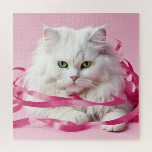 Witte kat in verward in roze linten legpuzzel