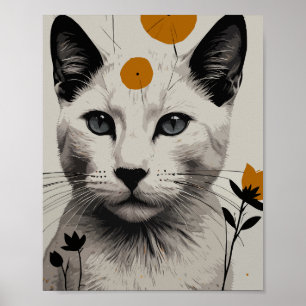 Witte kat met bloemenelementen poster