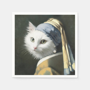 Witte kat met een parel oorbel schilderij servet