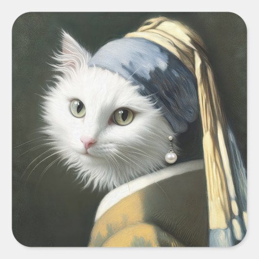 Witte kat met een parel oorbel schilderij vierkante sticker (Voorkant)