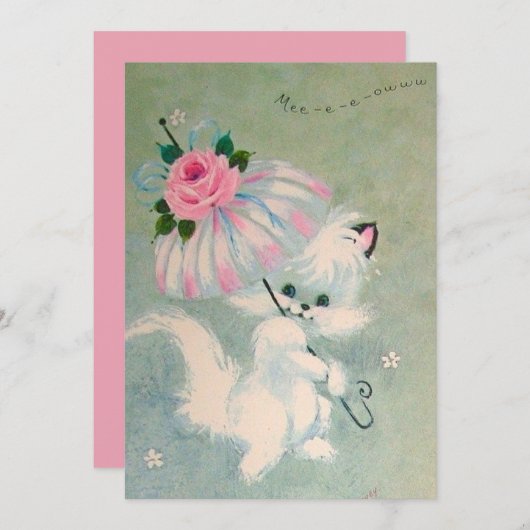 witte kat met Floral Umbrella Feestdagenkaart (Voorkant / Achterkant)