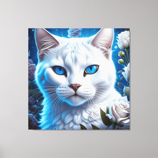 Witte Kat met Heldere Blauwe Ogen Bloemen Canvas Afdruk (Voorkant)