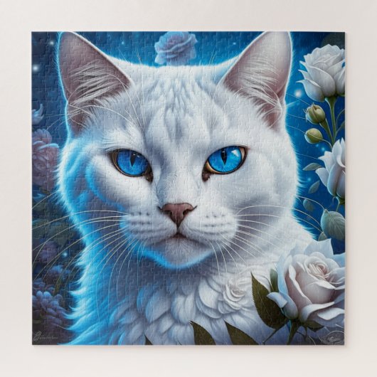 Witte Kat met Heldere Blauwe Ogen Bloemen Legpuzzel (Verticaal)