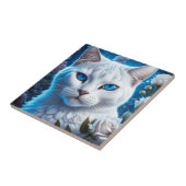 Witte Kat met Heldere Blauwe Ogen Bloemen Tegeltje (Zijkant)