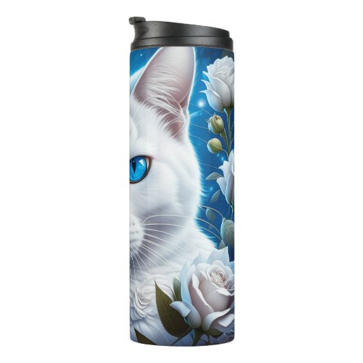 Witte Kat met Heldere Blauwe Ogen Bloemen Thermosbeker (Geroteerd rechts)