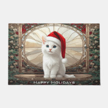 Witte kat met kerstman hoed deurmat
