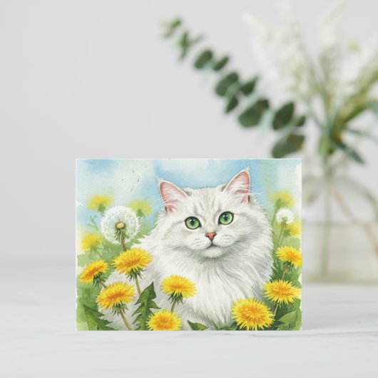 Witte kat met paardebloemen Briefkaart (Staand voorkant)