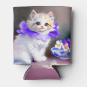 Witte kat met Paarse bloemkraag Blikjeskoeler (Voorkant)