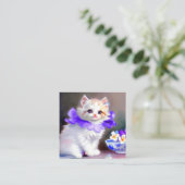 Witte kat met Paarse bloemkraag Informatiekaartje (Staand voorkant)