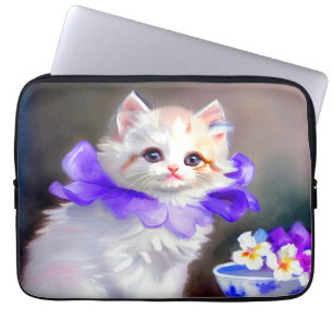 Witte kat met Paarse bloemkraag Laptop Sleeve