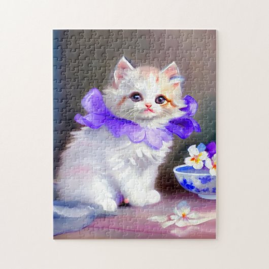Witte kat met Paarse bloemkraag Legpuzzel (Verticaal)