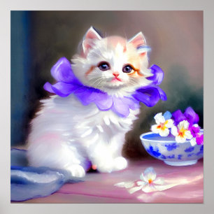 Witte kat met Paarse bloemkraag Poster