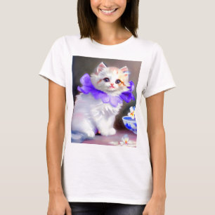 Witte kat met Paarse bloemkraag T-shirt
