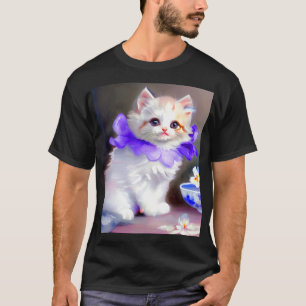 Witte kat met Paarse bloemkraag T-shirt