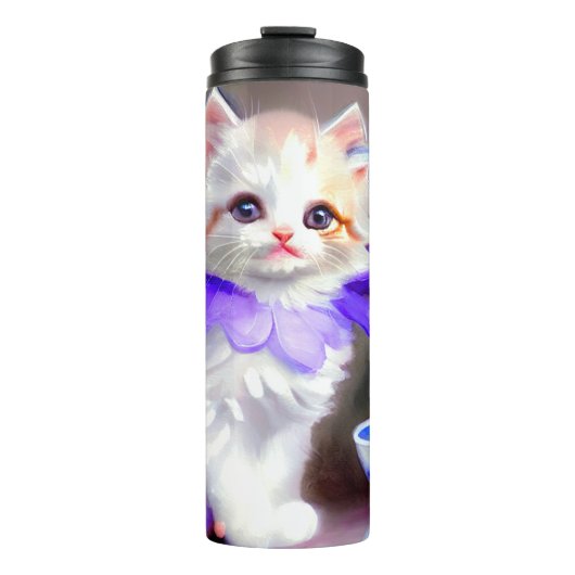 Witte kat met Paarse bloemkraag Thermosbeker (Voorkant)