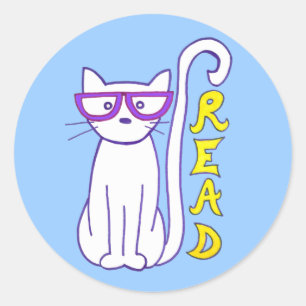 Witte kat met Paarse glazen als leesteken Ronde Sticker