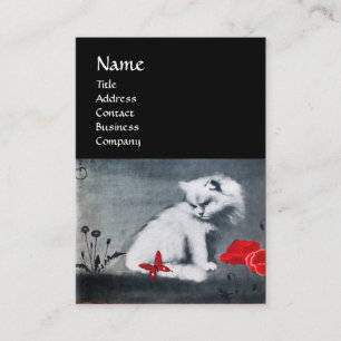 WITTE KAT MET RODE VLINDER MONOGRAM ,parel Visitekaartje