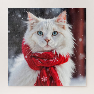 Witte kat met rode wintersjaal legpuzzel