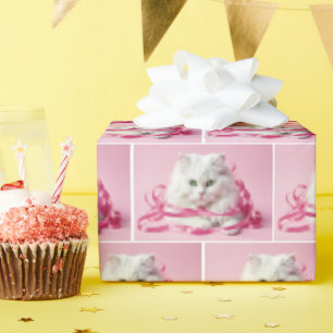 Witte Kat met Roze Boog Cadeaupapier