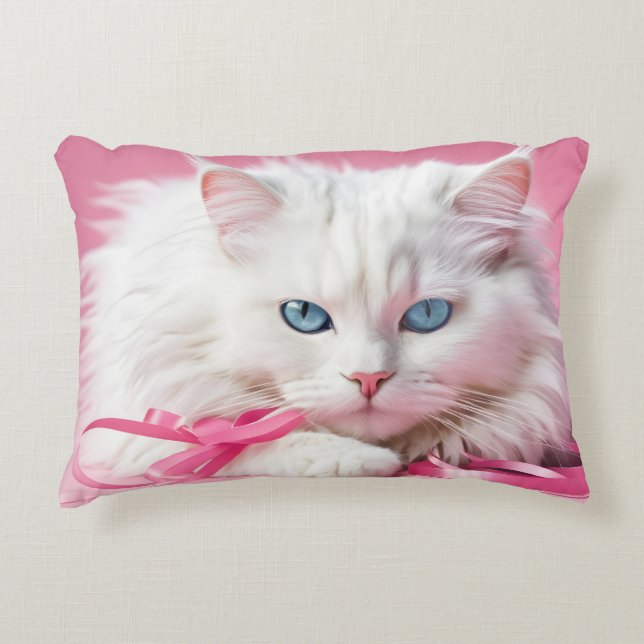 Witte kat met roze linten accent kussen (Voorkant)