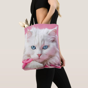 Witte kat met roze linten draagtas