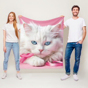 Witte Kat met Roze Linten Fleece Deken