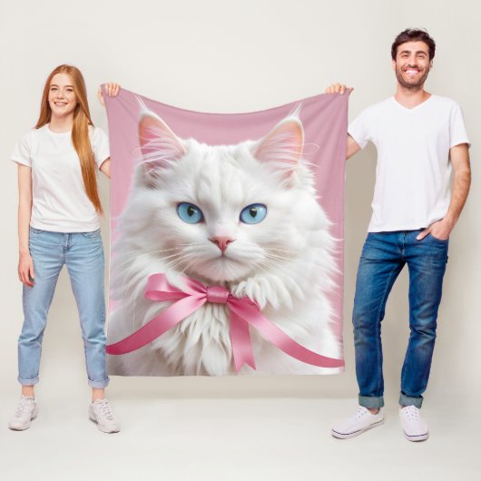 Witte Kat met Roze Linten Fleece Deken (In situ)