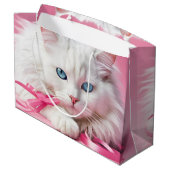Witte kat met roze linten groot cadeauzakje (Achterkant Gekanteld)