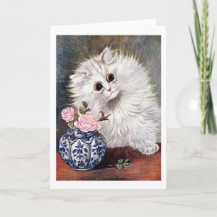 Witte kat met roze rozen, Louis Wain Kaart