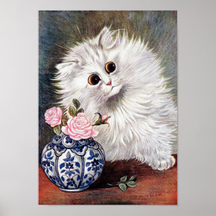 Witte kat met roze rozen, Louis Wain Poster