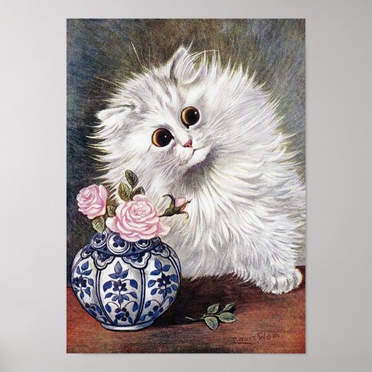Witte kat met roze rozen, Louis Wain Poster (Voorkant)
