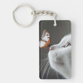 Witte kat met vlinder sleutelhanger