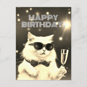 Witte kat met zonnebril proostend op Verjaardag Briefkaart