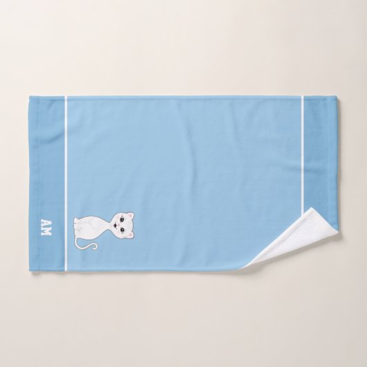 Witte Kat & Monogram op Lichtblauw Bad Handdoek (Handdoek)