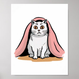 Witte kat onder een roze deken sticker  poster