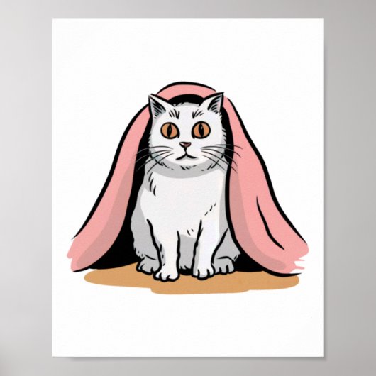 Witte kat onder een roze deken sticker  poster (Voorkant)