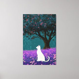 Witte kat onder eikenboom illustratie Art Canvas Afdruk